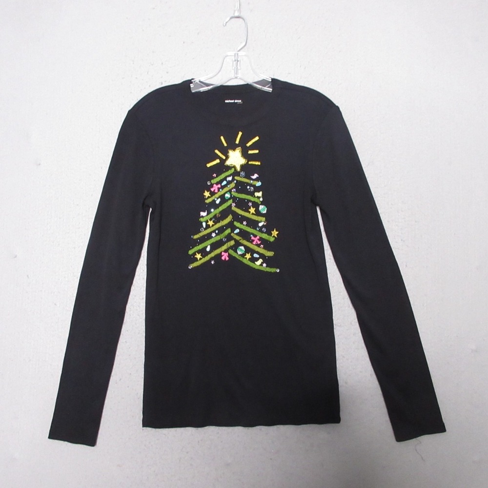 Micheal Simon Event‎ Shirt Large Christmas Tree Holiday Embroidered Beaded Artsy